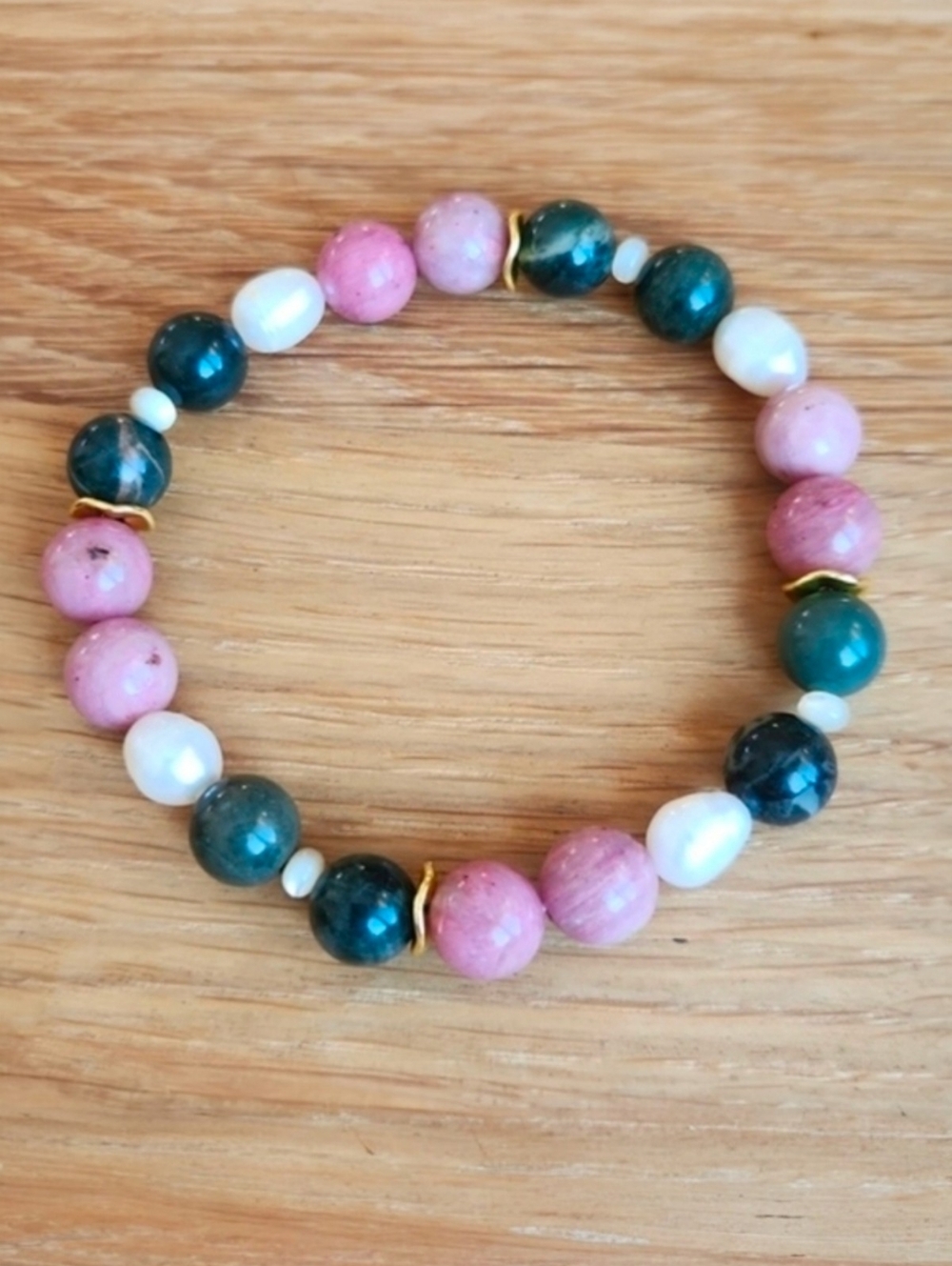 Rhodonite & Fresh Water Pearls Beaded Stretch Bracelet | Handmade